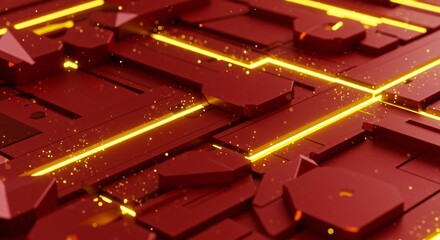 Fototapete - A close up view of a red surface with geometric shapes and bright yellow lines intersecting them