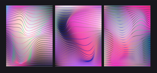 Poster - Vector illustration in abstract, op-art style, featuring wavy lines and vibrant gradients. The theme is movement and illusion, with blue, turquoise, pink, and purple colors forming dynamic shapes.