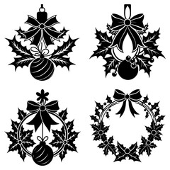 Poster - Four christmas ornaments with bows and holly leaves in black and white silhouette vector illustration