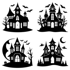 Poster - Collection of four halloween haunted houses with bats and trees in silhouette against a white background