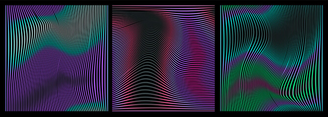 Poster - Vector illustration in op-art style, featuring flowing wavy lines over dark gradients. The theme is illusion and motion, using purple, green, pink, and black hues in abstract, dynamic shapes.