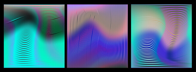 Poster - Vector illustration in abstract, op-art style, featuring wavy lines and vibrant gradients. The theme is movement and illusion, with blue, turquoise, pink, and purple colors forming dynamic shapes.