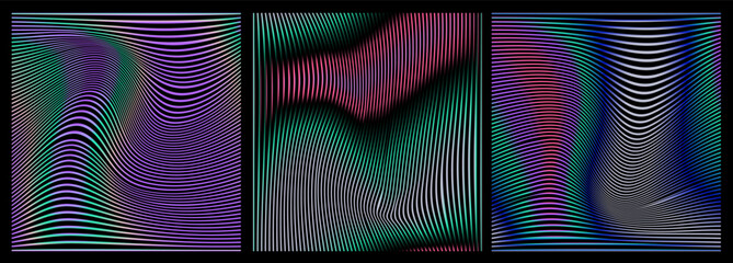 Poster - Vector illustration in op-art style, featuring flowing wavy lines over dark gradients. The theme is illusion and motion, using purple, green, pink, and black hues in abstract, dynamic shapes.