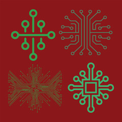 Fototapete - Green circuit board patterns on red background technology