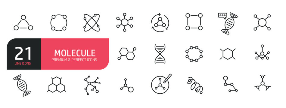 Set of line icons related to molecule structure, atom, scientific research, electron orbit, DNA chain, elements. Outline icons collection. Editable stroke. Vector illustration