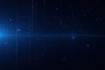 Fototapete - Abstract dark blue digital grid with glowing light effect and scattered squares creating a sense of depth
