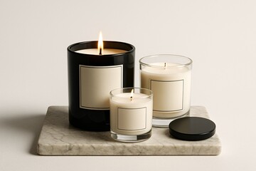 Fototapete - Elegant Trio Lit Scented Candles on Marble Slab, Minimalist Interior Decor, Warm & Inviting Atmosphere, Serene Still Life Composition