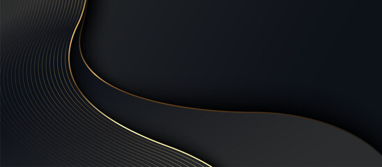 Fototapete - Abstract black wavy shape with a gold line background. Luxury banner. Geometric paper cut luxury background