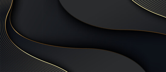 Fototapete - Abstract black wavy shape with a gold lines background. Luxury banner, presentation. Geometric paper cut luxury background