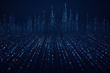 Fototapete - Abstract digital data stream with glowing blue and orange particles on a dark background
