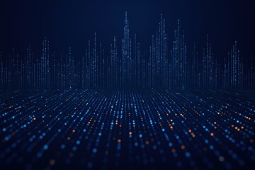 Fototapete - Abstract digital landscape with glowing blue and orange particles forming vertical lines and a grid pattern