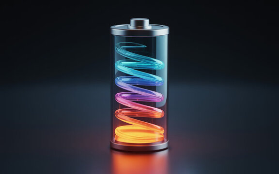 3d rendered illustration of a battery with colorful glowing spirals inside representing energy storage and power.