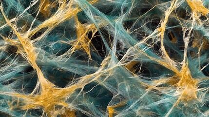Poster - Delicate Filamentous Network: A Mesmerizing Abstract Interplay of Teal and Gold Hues