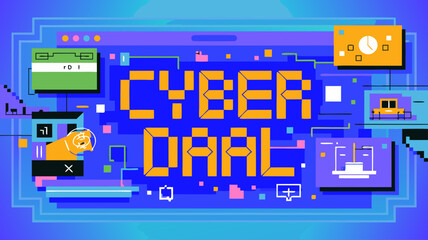 Poster - Pixelated tech design promoting digital interface showcasing cyber communication network online