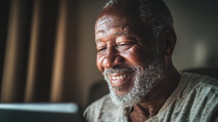 Senior embracing technology with happiness at home