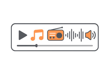 Poster - Flat vector illustrations of music symbols, including voice messages, radio sounds, and wave forms, are presented in a play bar icon format isolated on a white background