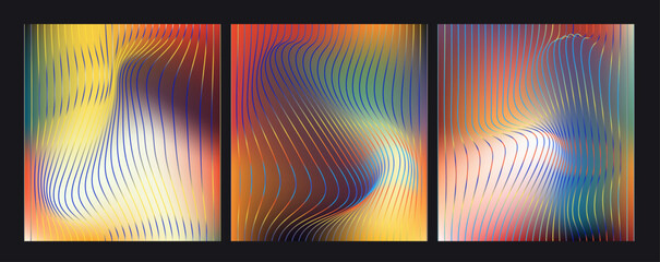 Aufkleber - Vector illustration features three panels with wavy, flowing lines in vibrant colors like red, orange, blue, and yellow, set against a gradient background. Abstract futuristic digital aesthetic.