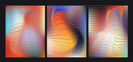Aufkleber - Vector illustration features three panels with wavy, flowing lines in vibrant colors like red, orange, blue, and yellow, set against a gradient background. Abstract futuristic digital aesthetic.