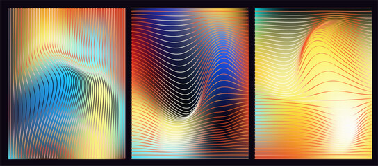 Aufkleber - Vector illustration features three panels with wavy, flowing lines in vibrant colors like red, orange, blue, and yellow, set against a gradient background. Abstract futuristic digital aesthetic.