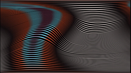 Poster - Vector illustration in op-art style with wavy, flowing lines. The theme is illusion and rhythm, featuring gradients of red, orange and blue on black, forming abstract, dynamic wave-like shapes.