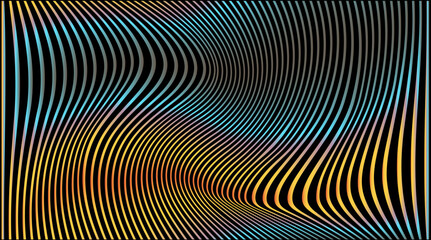 Poster - Vector illustration in op-art style with wavy, flowing lines. The theme is illusion and rhythm, featuring gradients of red, orange and blue on black, forming abstract, dynamic wave-like shapes.