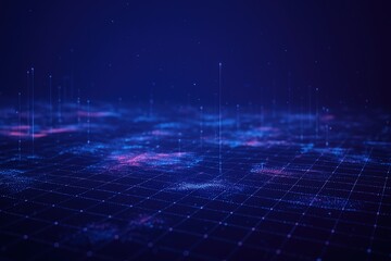 Fototapete - Abstract digital network of glowing blue and pink particles connected by thin vertical lines on a dark background