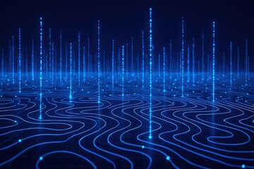 Fototapete - Abstract digital landscape with glowing blue lines and vertical data streams against a dark background