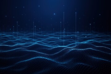 Fototapete - Abstract digital landscape of glowing blue particles forming waves and rising lines against a dark background
