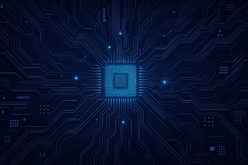 Fototapete - Glowing blue microchip processor circuit board with intricate lines and connections