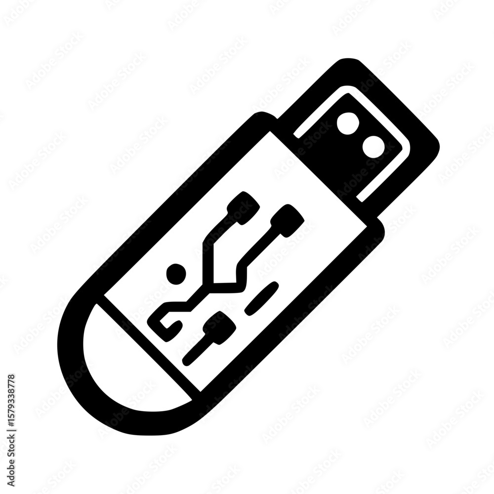 Simple black and white illustration of a USB flash drive, showing its ...