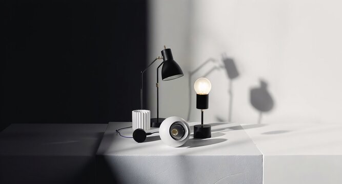 Illuminated Still Life Exploring the interplay of light and shadow with minimalistic lamp designs on a white surface.