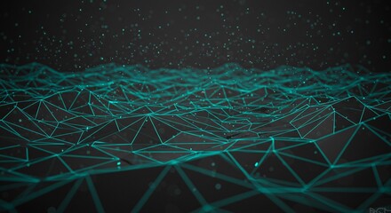 Poster - A digital landscape with teal lines forming triangles on a dark background with small dots floating above