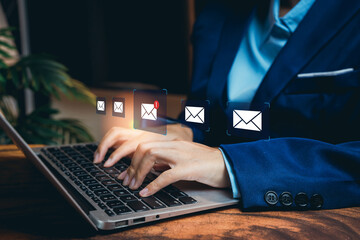 Poster - Business Professional Typing on Laptop with Notification of Incoming Emails in Modern Office Setting