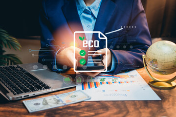Poster - Young Business Professional Analyzing Eco-Friendly Concepts with Financial Documents and Technology in Modern Workspace