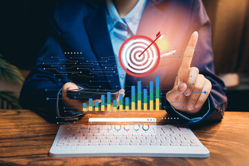 Poster - Business Professional Using Smartphone with Chart and Target Graphic for Goal Setting and Data Analysis in Office Environment