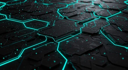Poster - A dark circuit board with glowing turquoise lines and small dots scattered across the surface