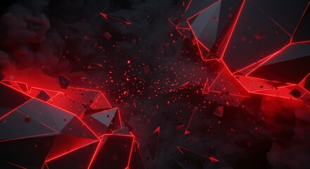 Fototapete - Abstract shattered black polygons with red glowing edges and small red particles in a dark space
