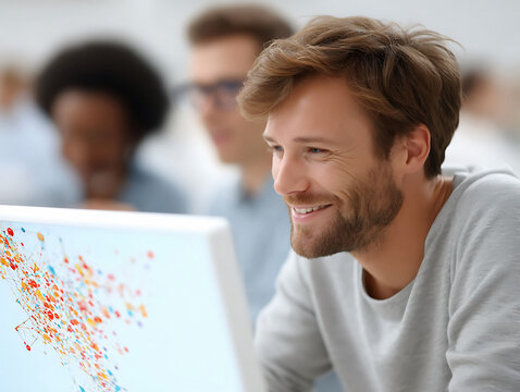 Smiling man works at computer with colorful graphic, colleagues in background. Teamwork, success, innovation concept for business, tech, education.