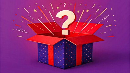 Poster - Colorful mystery gift box with question mark and sparkles on purple background


