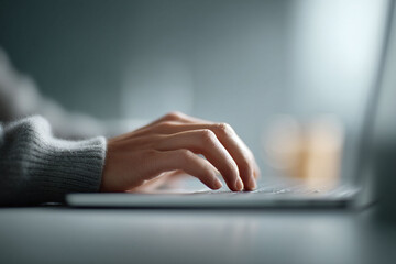 Poster - Hands typing on a laptop keyboard. Focus on productivity, technology, or communication. Soft, modern lighting ideal for blog, article, or business visuals.