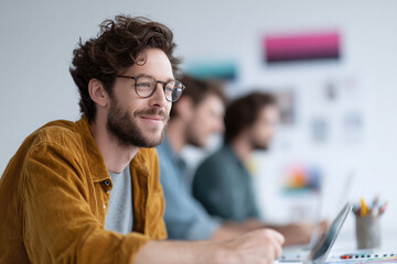Poster - Focused young professional in a creative office setting with coworkers. Symbolizes innovation, teamwork, and a bright future. Ideal for business, tech, and education.