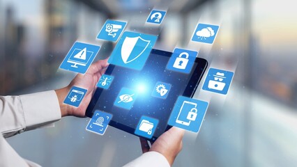 Poster - Cyber security protection and cyber security strategies against cyber threats, system hacks, digital breaches, network attacks, and safeguarding data with strong cyber security infrastructure. Spire