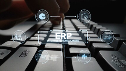 Poster - ERP platform visual showing centralized system for enterprise resource planning, improving integration, data flow, business efficiency, finance, inventory, and human resources. Muxer