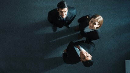 Poster - Top down aerial view of diverse business team explain marketing strategy while standing and looking at camera in meeting room. Group of smart people brainstorming and discuss plan. Directorate.