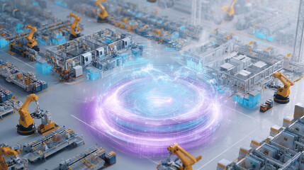 Poster - Futuristic factory floor with robotic arms and data visualization. Represents automation, AI, advanced manufacturing, innovation and technology solutions.