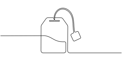 Poster - Continuous one line art of tea bag with string and tag, minimalist elegant kitchen concept illustration, Tea bag continuous one line drawing outline vector icon, Continuous single line art drawing