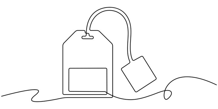 Continuous one line art of tea bag with string and tag, minimalist elegant kitchen concept illustration, Tea bag continuous one line drawing outline vector icon, Continuous single line art drawing