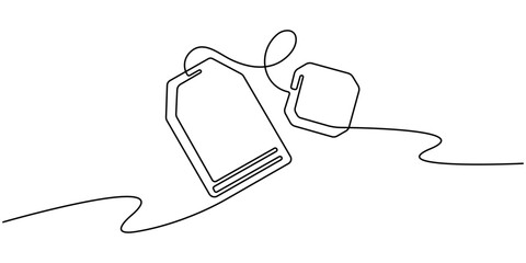 Poster - Continuous one line art of tea bag with string and tag, minimalist elegant kitchen concept illustration, Tea bag continuous one line drawing outline vector icon, Continuous single line art drawing