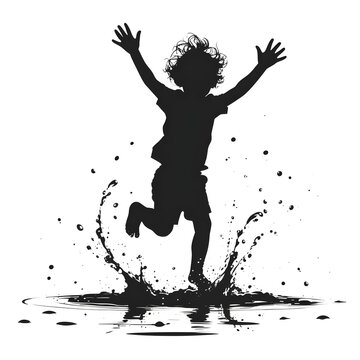 Child playing joyfully, splashing water, silhouette against light background