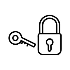 Poster - Outline drawing depicting a key positioned next to a closed padlock with a keyhole feature shown